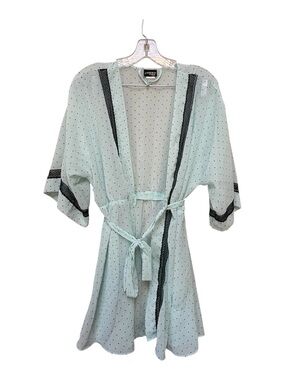 Sheer Polka Dot Tie Front Robe Medium Black Trim Vintage Style